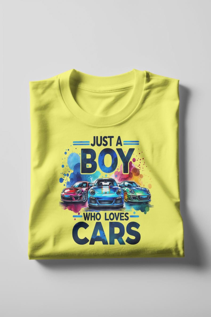 Just a Boy Who Loves Cars – Vibrant Car Lover T-Shirt