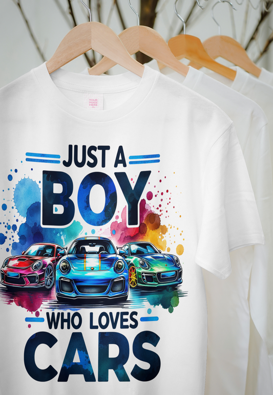 Just a Boy Who Loves Cars – Vibrant Car Lover T-Shirt
