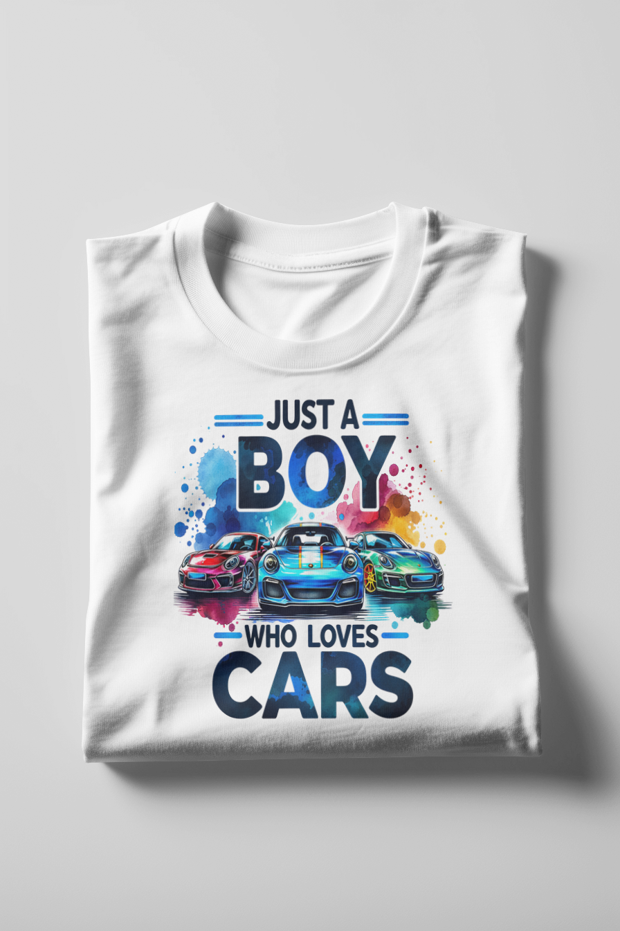 Just a Boy Who Loves Cars – Vibrant Car Lover T-Shirt