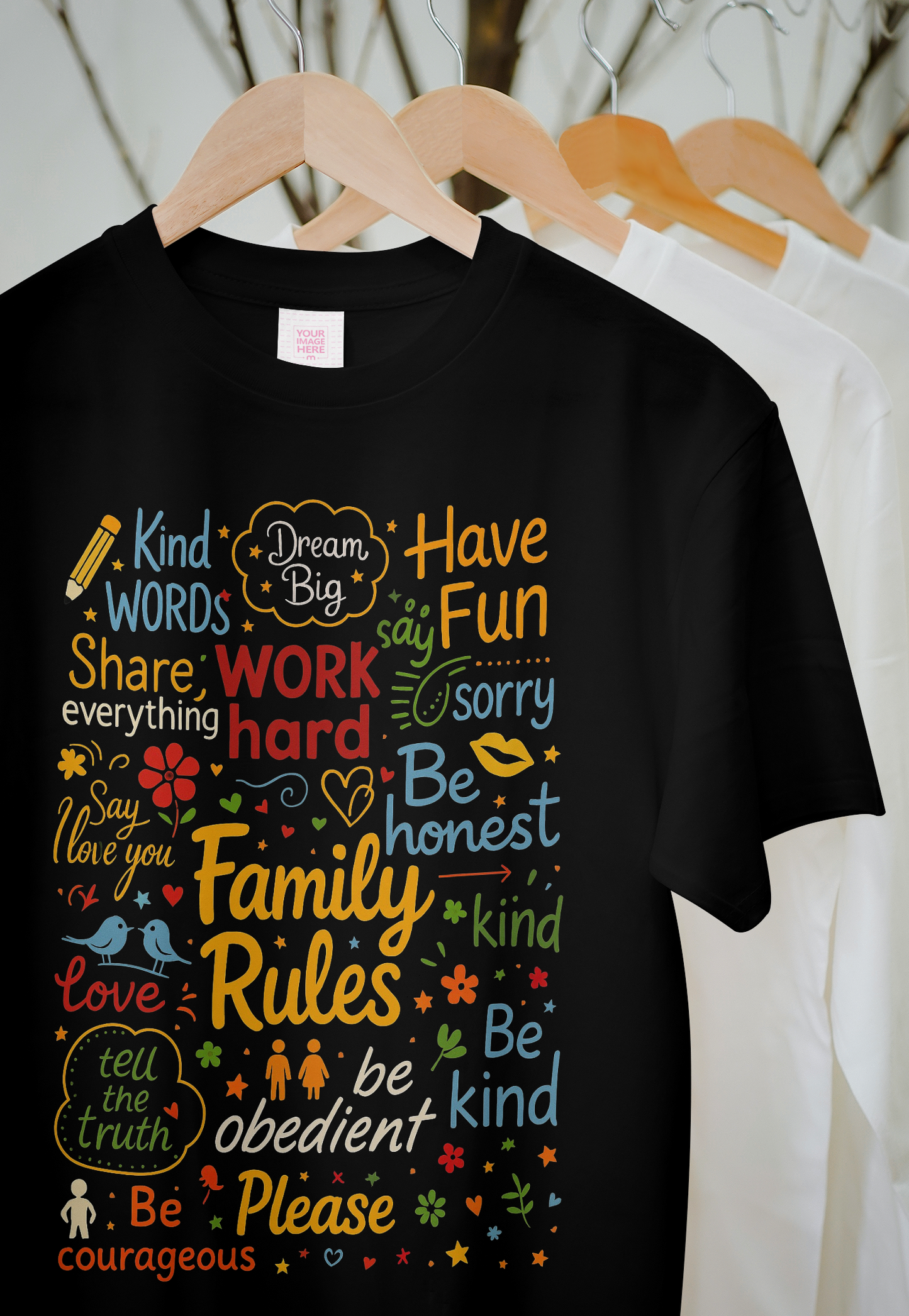 Family Rules Typography T-Shirt – Bold Motivational Design