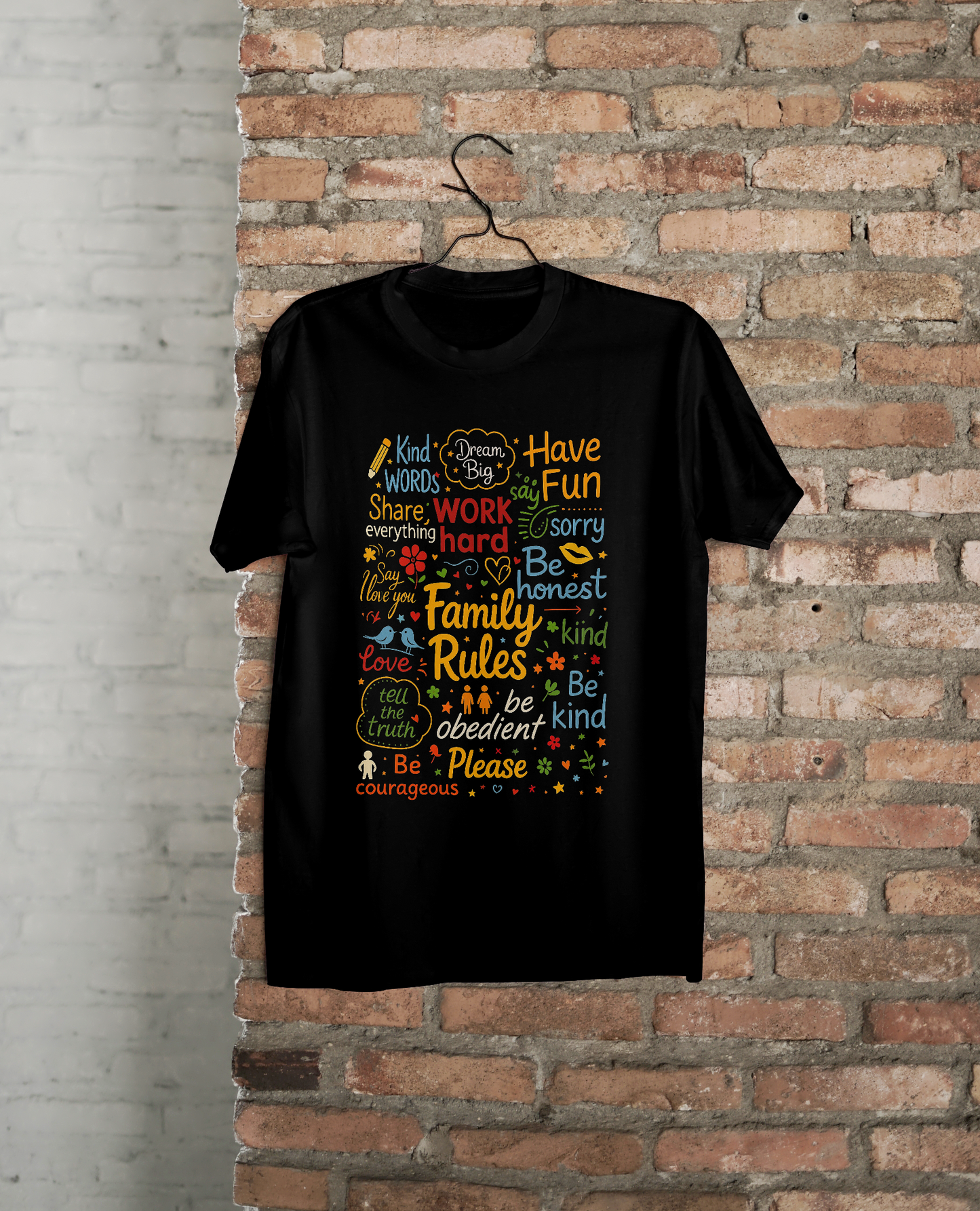 Family Rules Typography T-Shirt – Bold Motivational Design