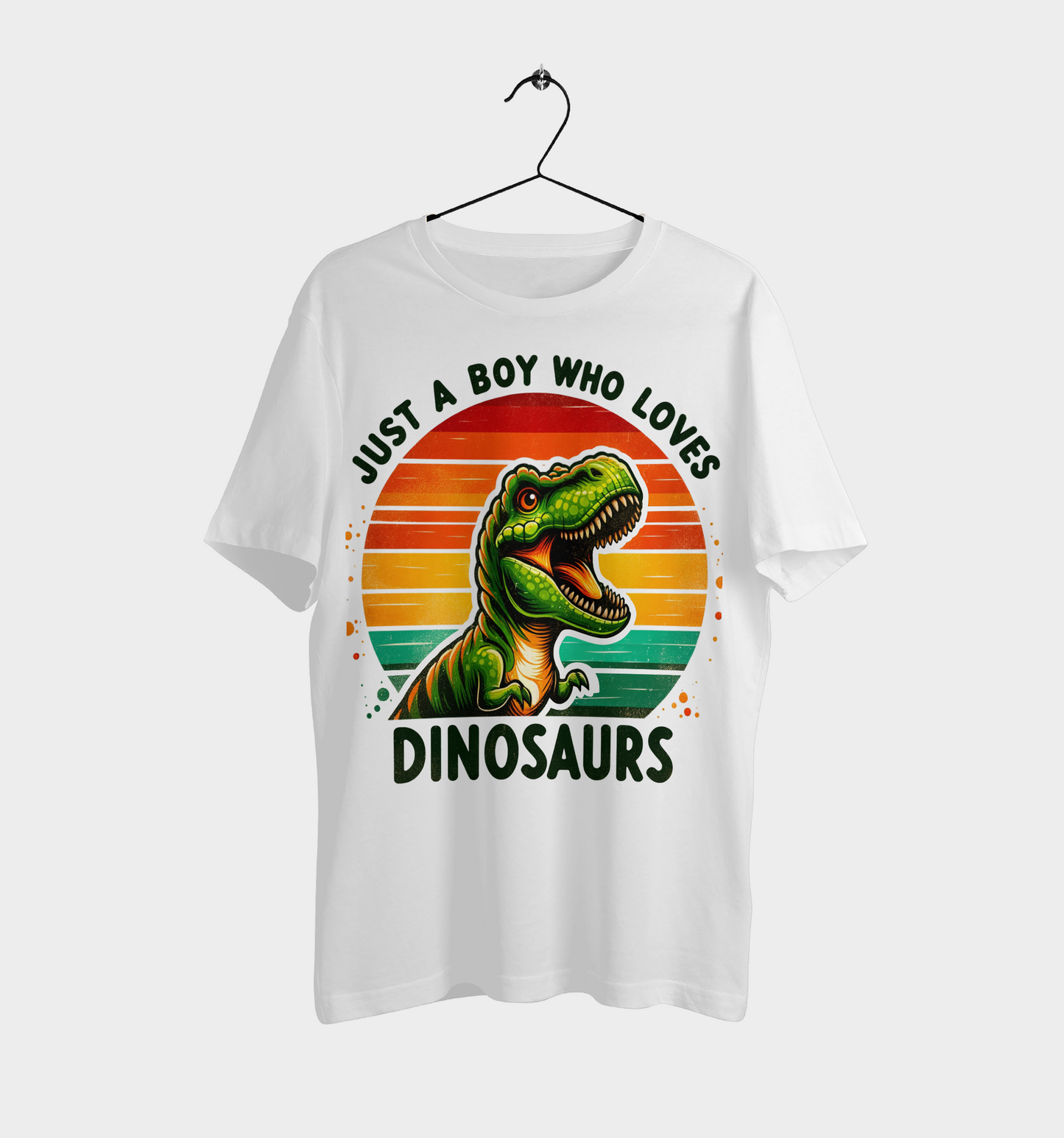 “Just A Boy Who Loves Dinosaurs – Retro T-Rex Graphic Tee”