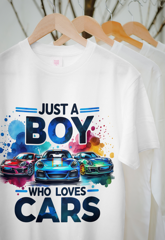 Just a Boy Who Loves Cars – Vibrant Car Lover T-Shirt- Adults