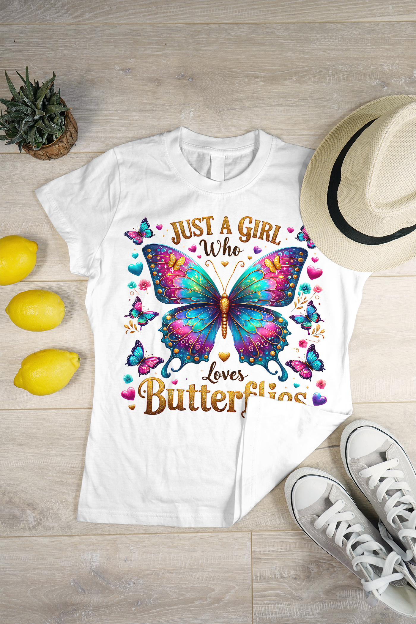 Just a Girl Who Loves Butterflies – Colorful Butterfly Graphic T-Shirt