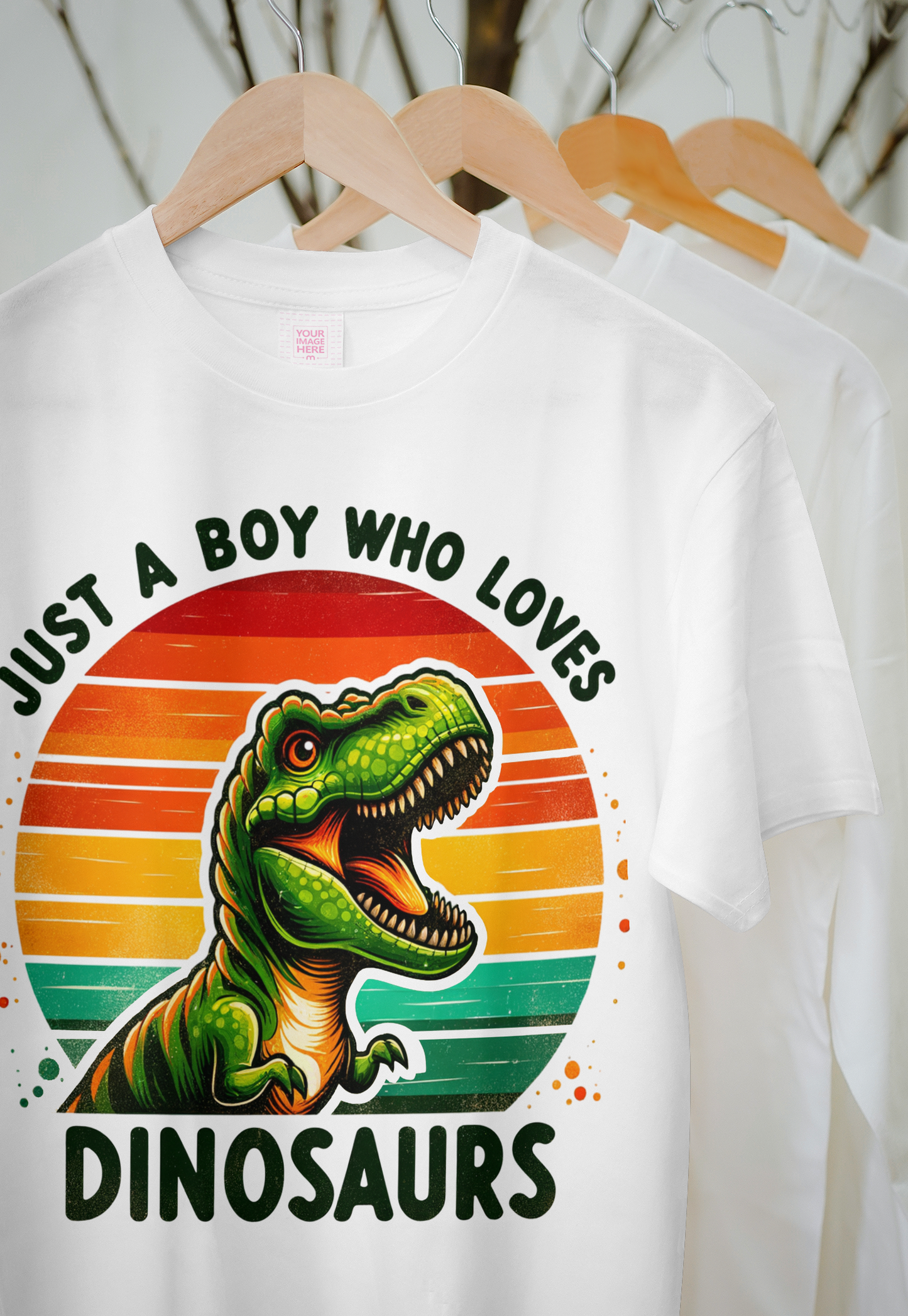 “Just A Boy Who Loves Dinosaurs – Retro T-Rex Graphic Tee”