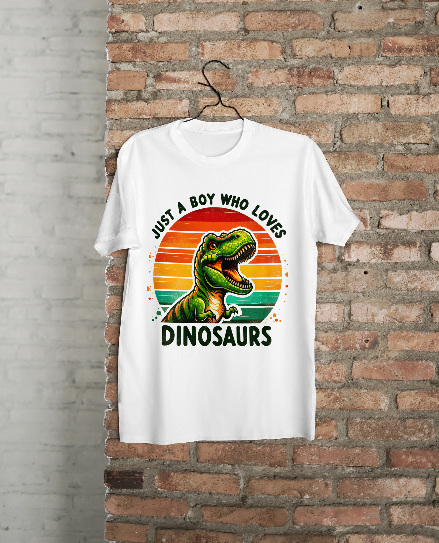 “Just A Boy Who Loves Dinosaurs – Retro T-Rex Graphic Tee”